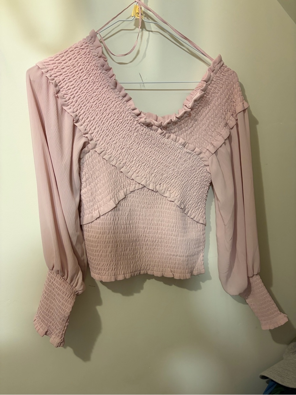 BB Dakota Blush Smocked V-Neck Blouson Sleeve Top